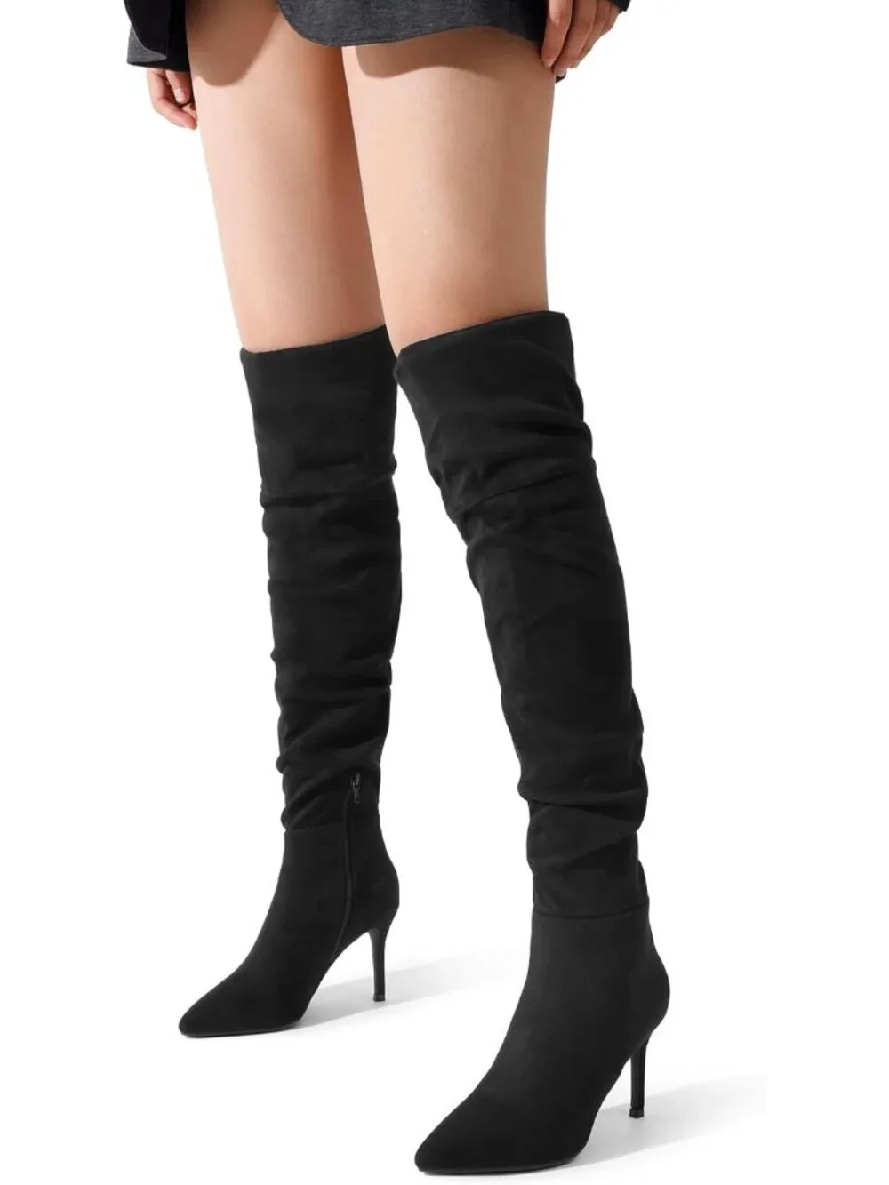Women's Black Suede Pointed Toe Stiletto Heel Faux Leather Over The Knee Boots